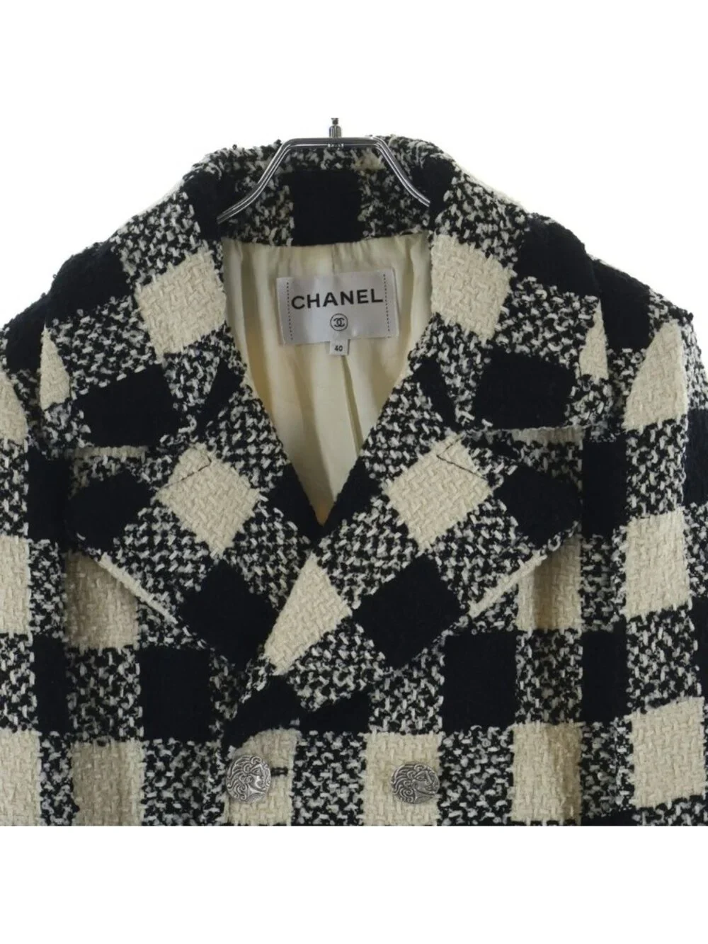 Chanel Tweed Block Check Double Coat White Black